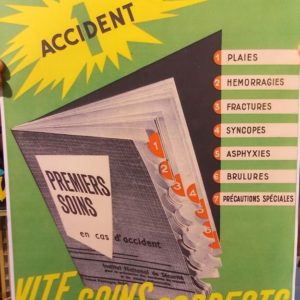 Reproduction d'anciennes affiches de la Sécu pour la prévention des accidents. N°077A Premiers soins en cas d'accident