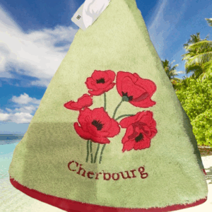Essuie-mains en éponge coquelicots avec broderie Cherbourg, couleur pistache.