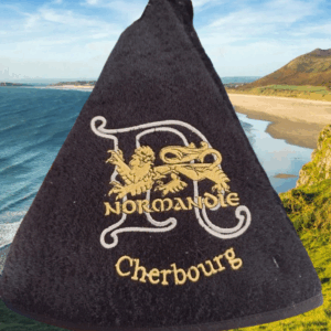 Essuie-mains noir en éponge avec Léopard doré brodé Normandie et Cherbourg