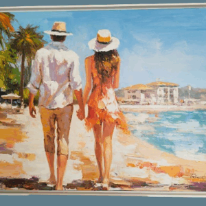 Tableau original de V. Turban " Promenade sur la plage ", grand format.