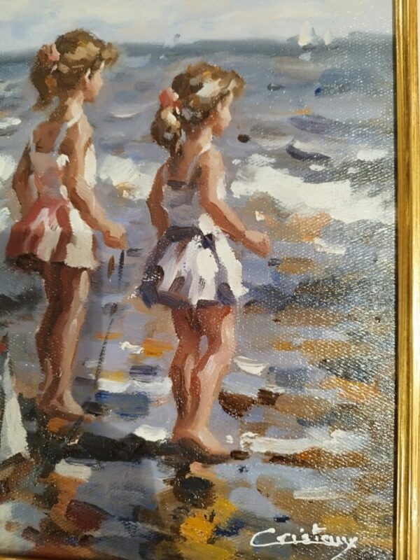Tableau original de Francis Cristaux « Petites Filles au voilier » – Image 3