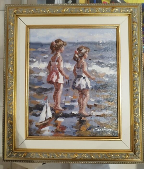 Tableau original de Francis Cristaux « Petites Filles au voilier »