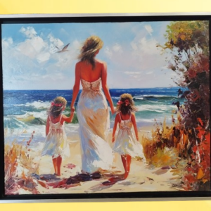 Painting of a woman in a white dress holding hands with two girls in white dresses as they walk toward the sea on a sunny beach.