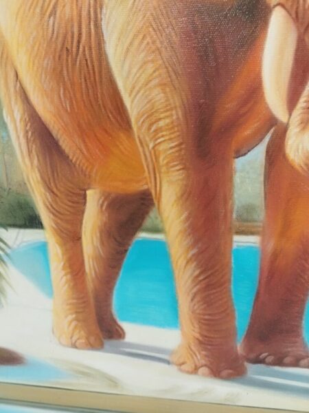 Close-up painting of an orange elephant's legs standing on a light surface with a blue pool in the background