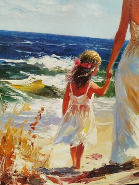 Impressionist painting of a young girl in a white dress holding an adult's hand as they walk along a sunny beach.