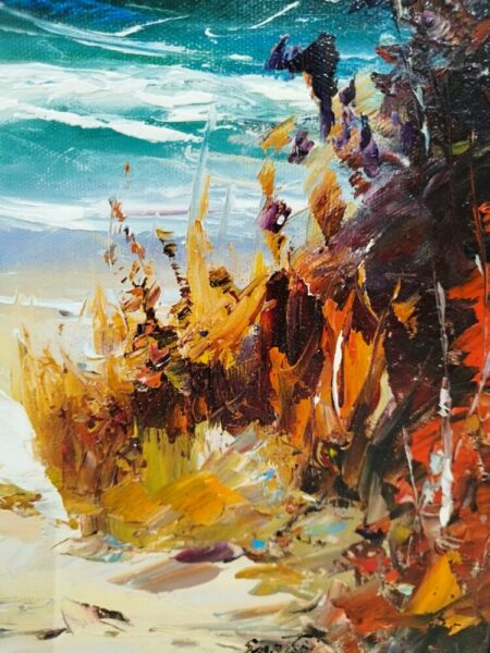 Bold, textured abstract painting of a beach scene: turquoise sea, pale sandy shore, and wild orange-brown grasses with expressive brushstrokes.