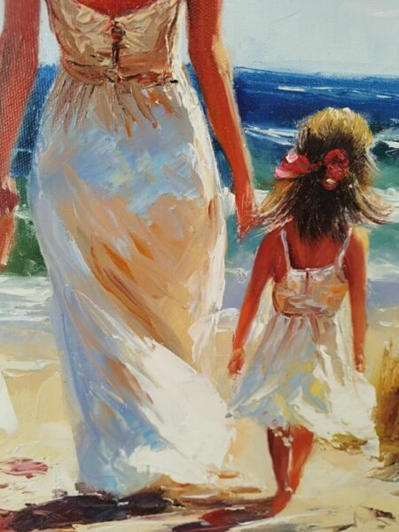 Painted scene of a tall woman and a small girl walking on a sunlit beach, both in white dresses, with the sea in the background.
