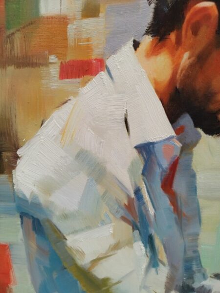 Abstract painting of a man in a light shirt, head tilted down, with bold brushstrokes and warm color blocks in the background.