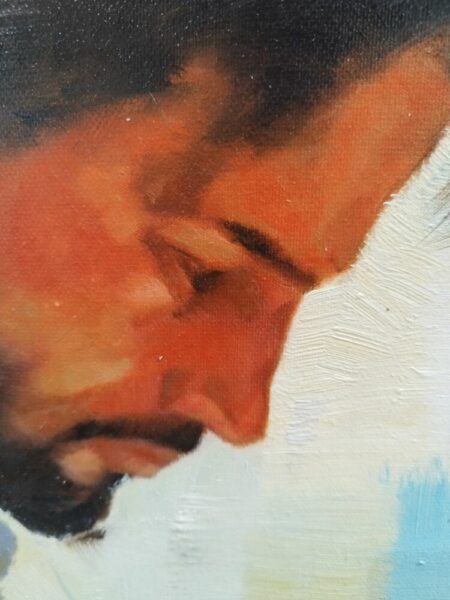 Close-up of a man with a beard, looking downward; warm red tones and visible brushstrokes in a painting.