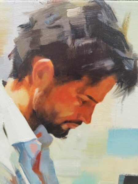 Impressionistic painting of a bearded man looking downward, wearing a white shirt.