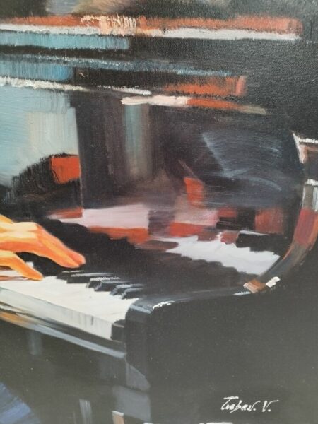 Abstract painting of orange hands pressing piano keys, with bold, moody brushstrokes and a dark background.