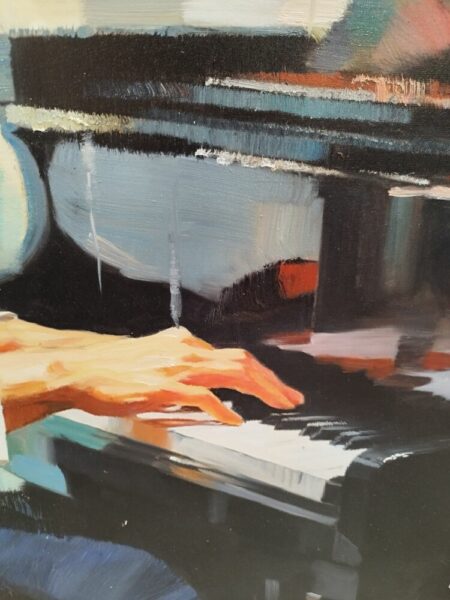 Close-up of hands playing a piano in an abstract painting with bold, colorful brushstrokes.