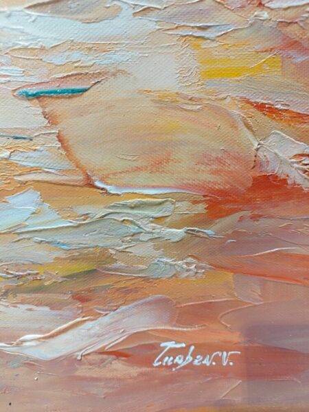 Abstract pastel-toned abstract painting with peach, pink, orange, and teal strokes; textured surface and a signature bottom-right.