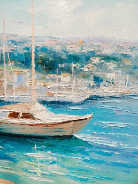Impressionist painting of a white sailboat anchored in turquoise harbor with distant pastel buildings in the background.