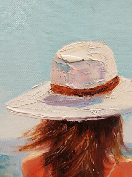 Back view of a person with long brown hair wearing a white wide-brimmed hat with a brown band, at the beach, painted in thick textured strokes.