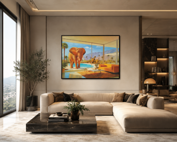 Living room with a beige L-shaped sofa, black marble coffee table, and a colorful elephant painting above the wall.