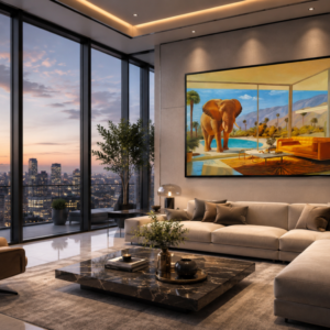 Luxurious living room with panoramic city views, beige sectional, marble coffee table, and a large elephant-themed painting on the wall at sunset.