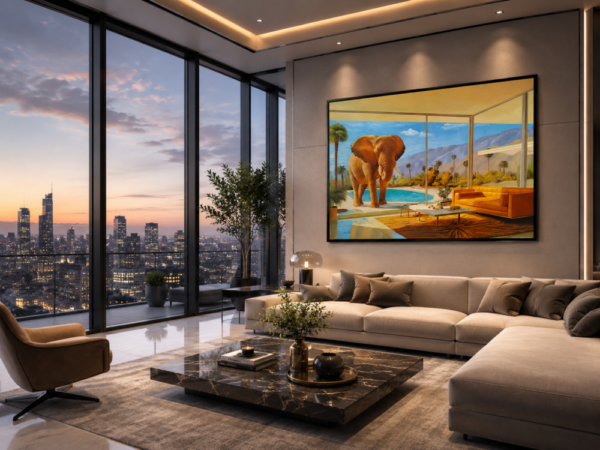 Luxurious living room with panoramic city views, beige sectional, marble coffee table, and a large elephant-themed painting on the wall at sunset.