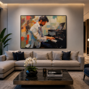 Modern living room with a beige sectional sofa, dark cushions, and a large colorful painting of a pianist above the couch.