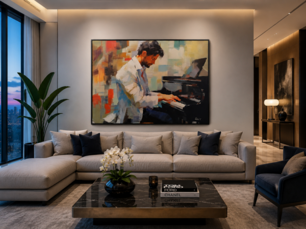 Modern living room with a beige sectional sofa, dark cushions, and a large colorful painting of a pianist above the couch.